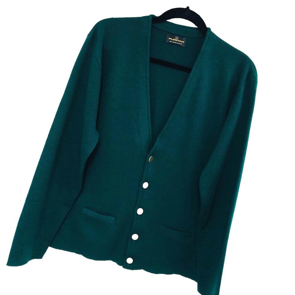 Vintage‎ Green Knit Cardigan Sweater Mens L Mr Rogers Academia Orlon Puritan